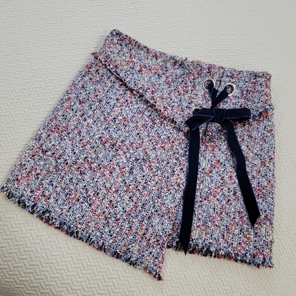 Parker Multi Color Tweed Skirt Velvet Ribbon tie Faux Wrap Size 4 - Picture 3 of 15